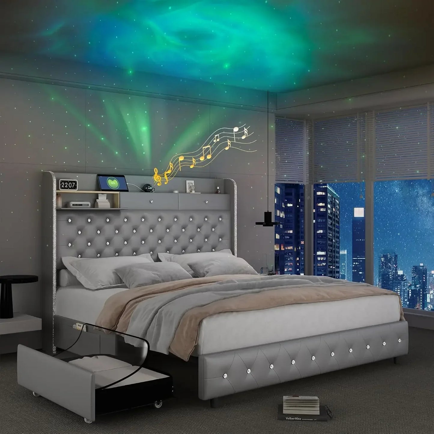 LED Platform Bed Frame With Galaxy Aurora Star Projector And Charging Station