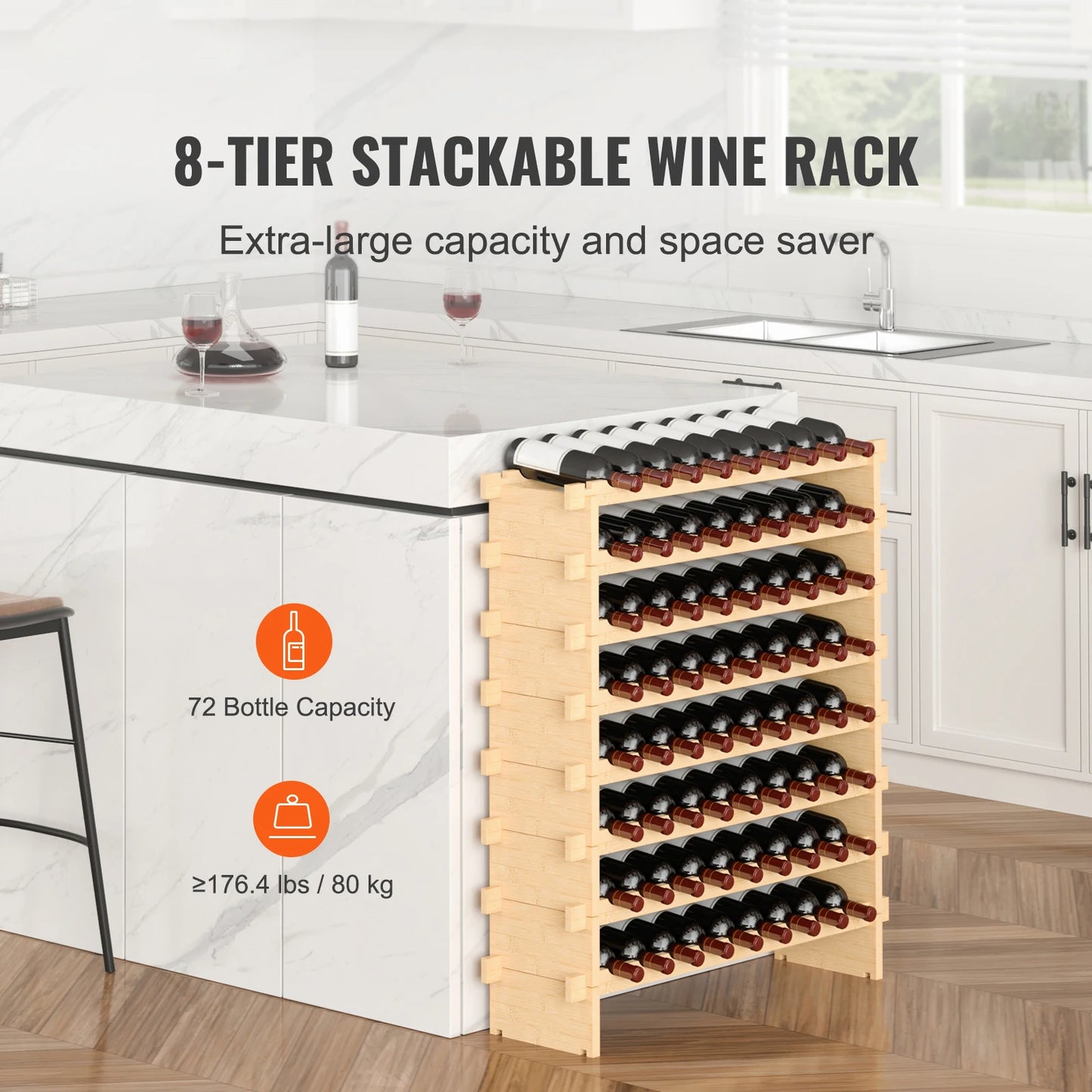 SucceBuy Bamboo Stackable Wine Rack Eight Tier Free Standing Storage