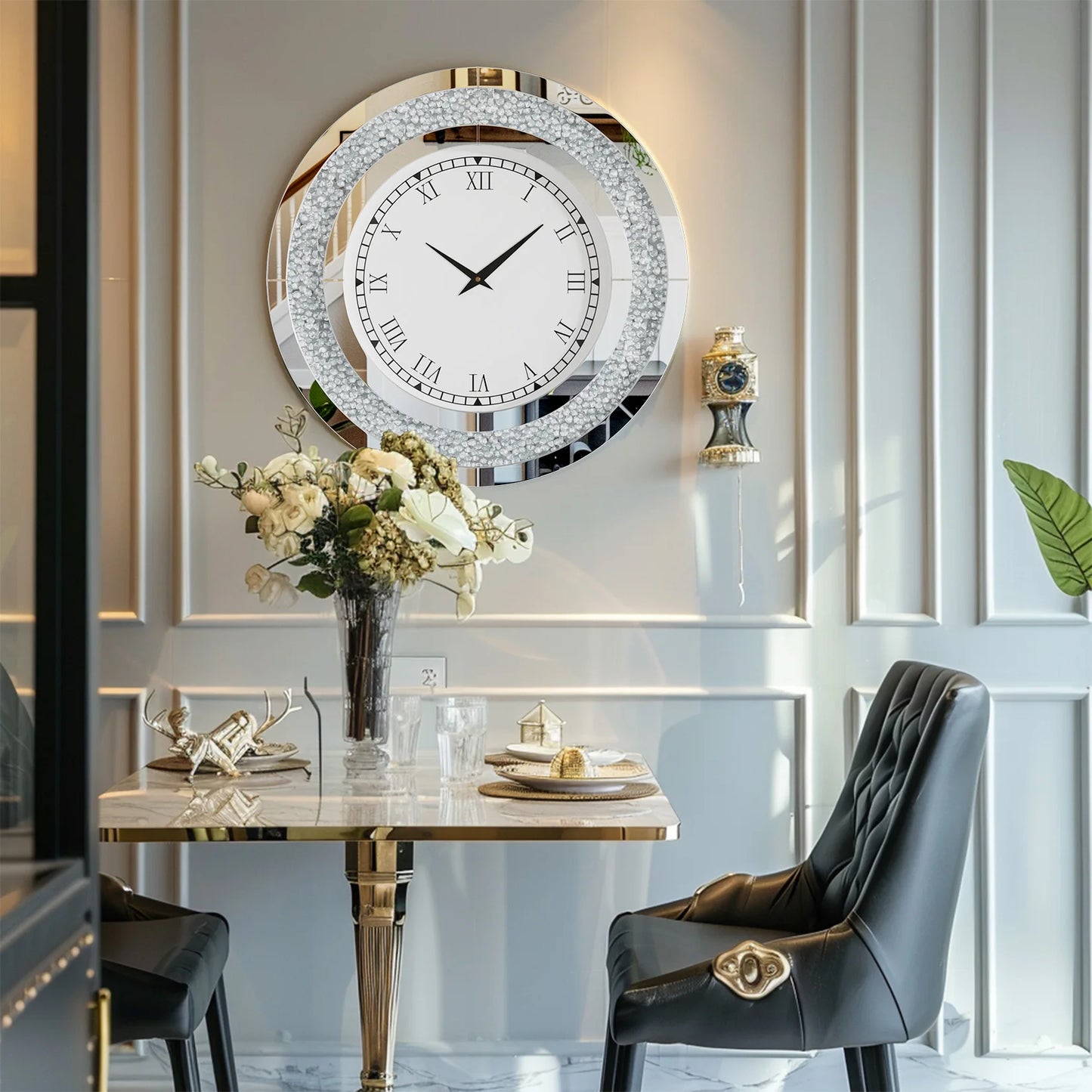 Round Mirror Wall Clock With Crystal Sparkle Finish Living Room