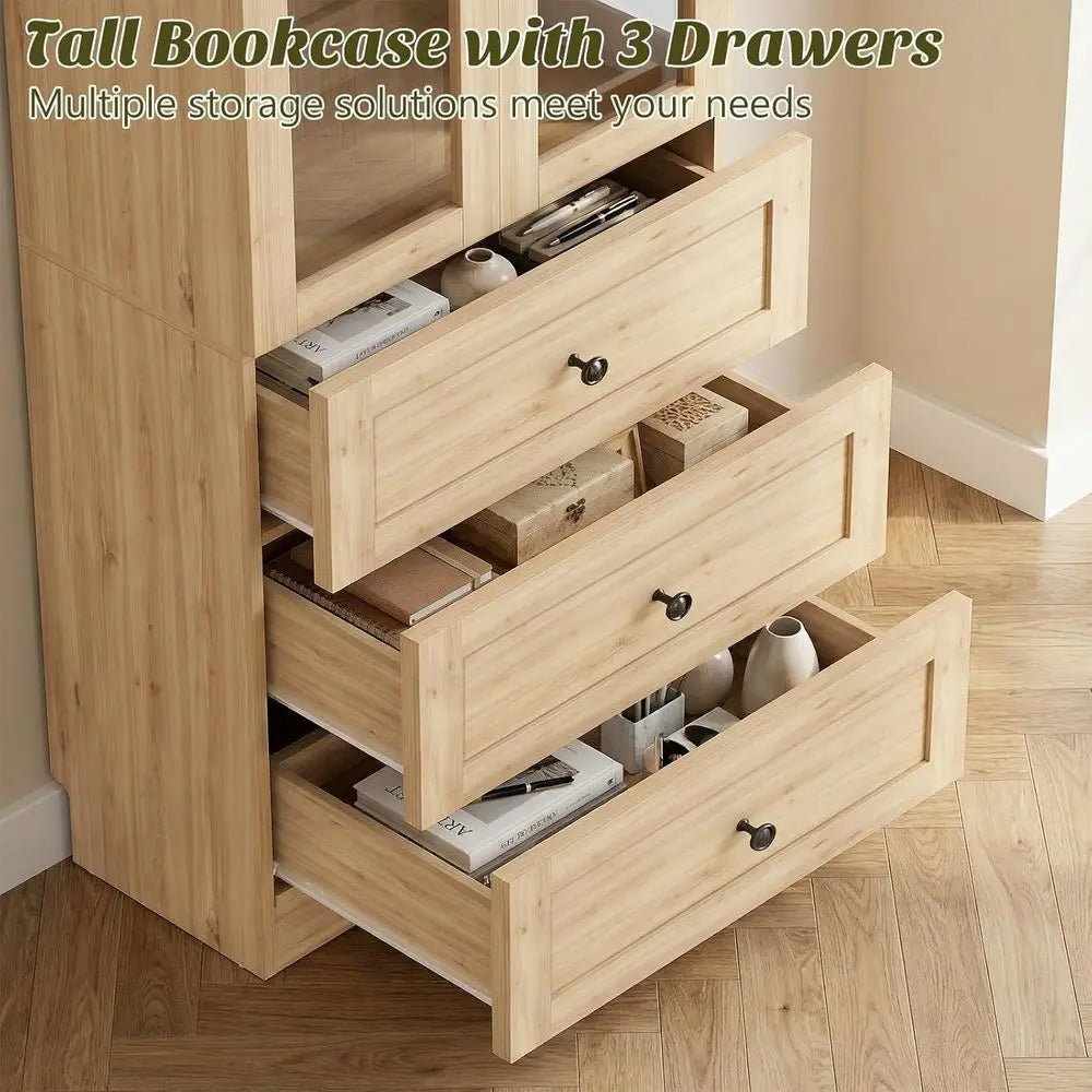 Minimalist Modern Bookcase Set With Six Tier Arched Glass Doors
