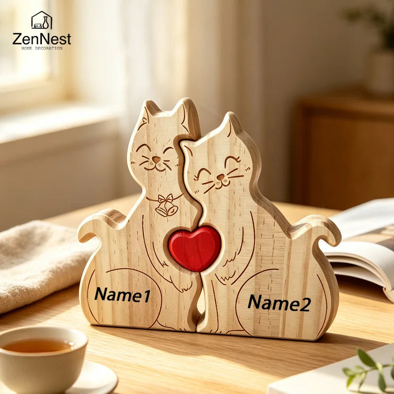 Natural Solid Wood Cat Family Jigsaw Ornament Heart Design Desktop Decor Custom Name Engraving Warm Family Memorial Present
