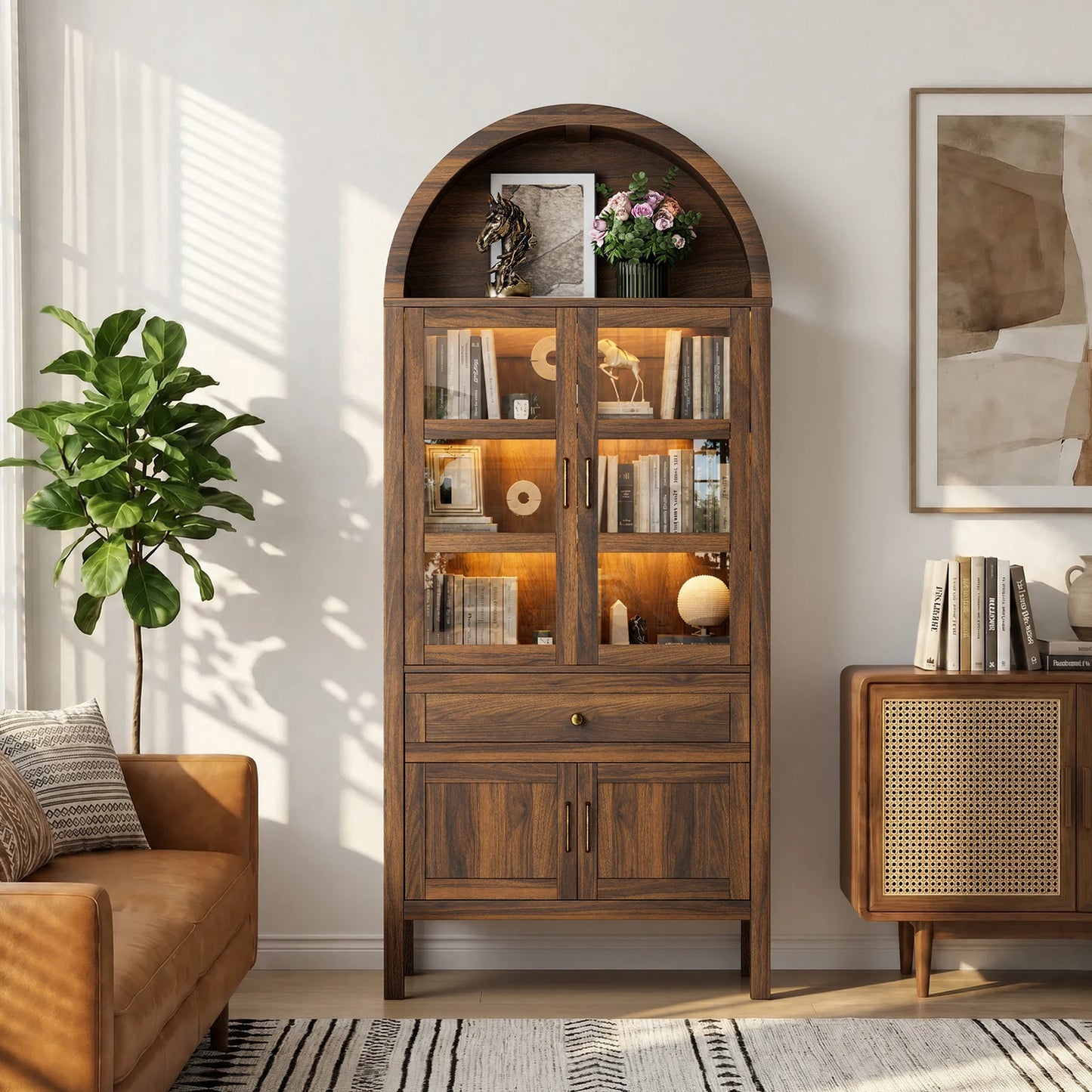 Furgle Arched Wood Storage Cabinet Adjustable Shelves LED Lights