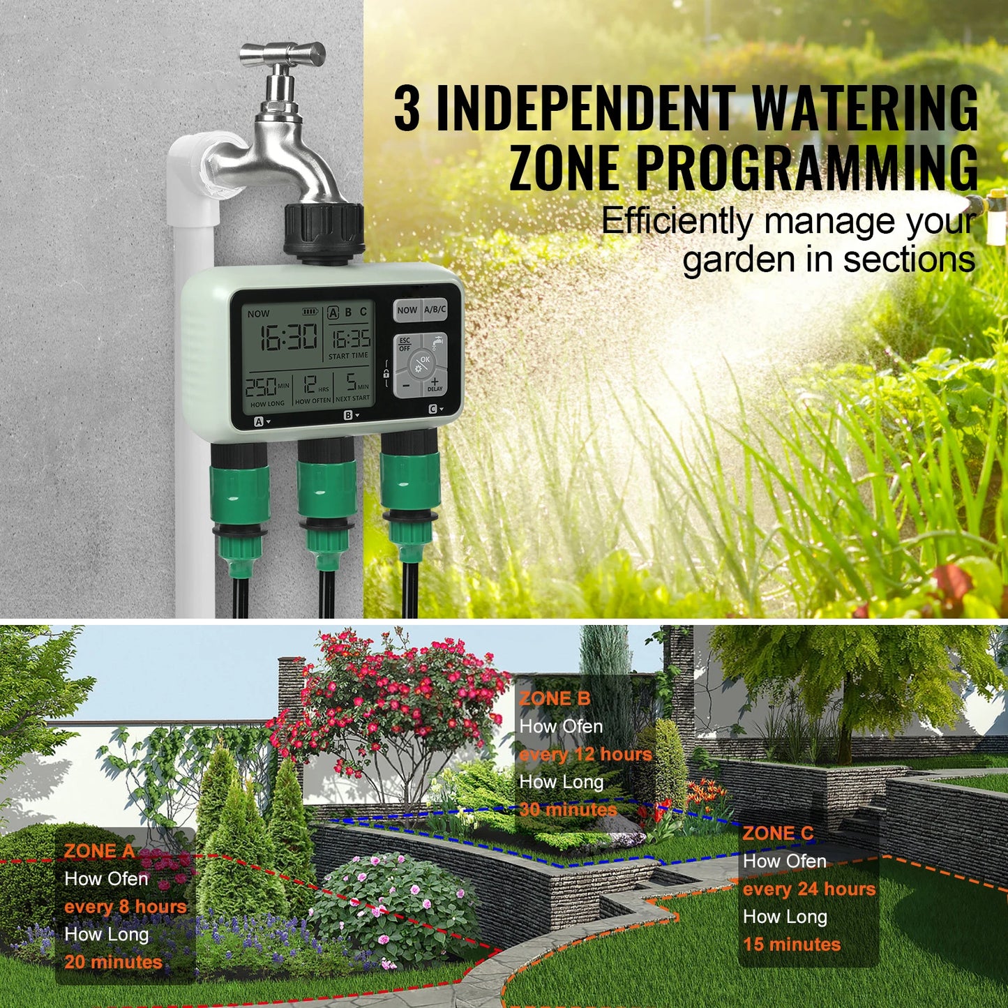 SucceBuy 3 Outlet Water Timer With LCD Display Rain Delay