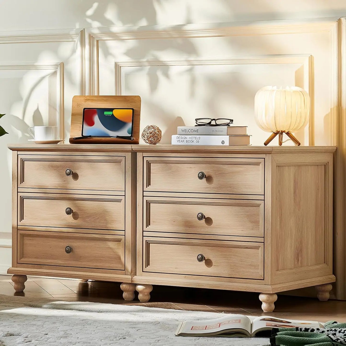 Farmhouse Wood Nightstands Set Of 2 With 3 Drawers Metal Handles