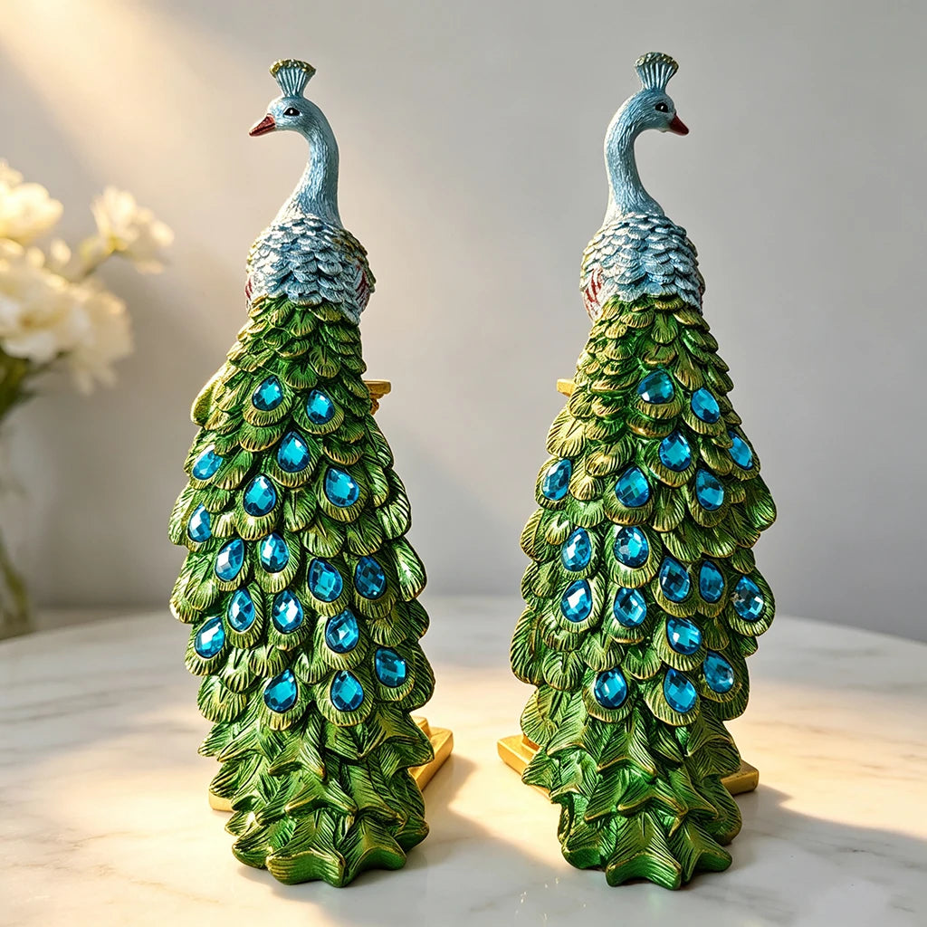 Peacock Couple Resin Statue With Gold Column Home Decor Figurine