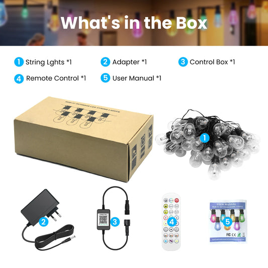 KISUFU Outdoor Smart LED String Lights IP67 Waterproof With App Remote