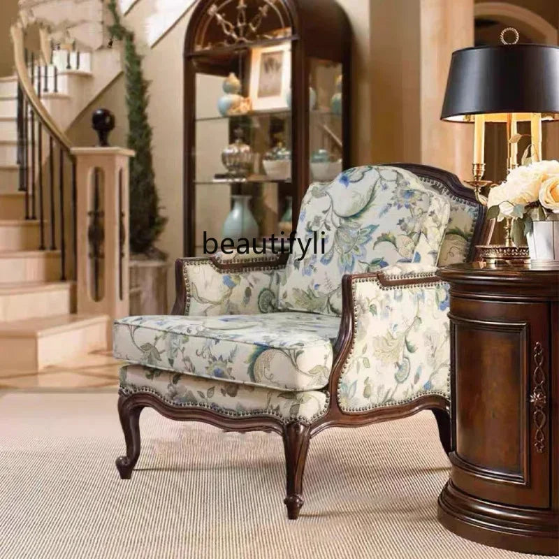 LJYAmerican-Style Solid Wood Sofa Living Room Single Sofa Retro Distressed French Entry Lux High Back