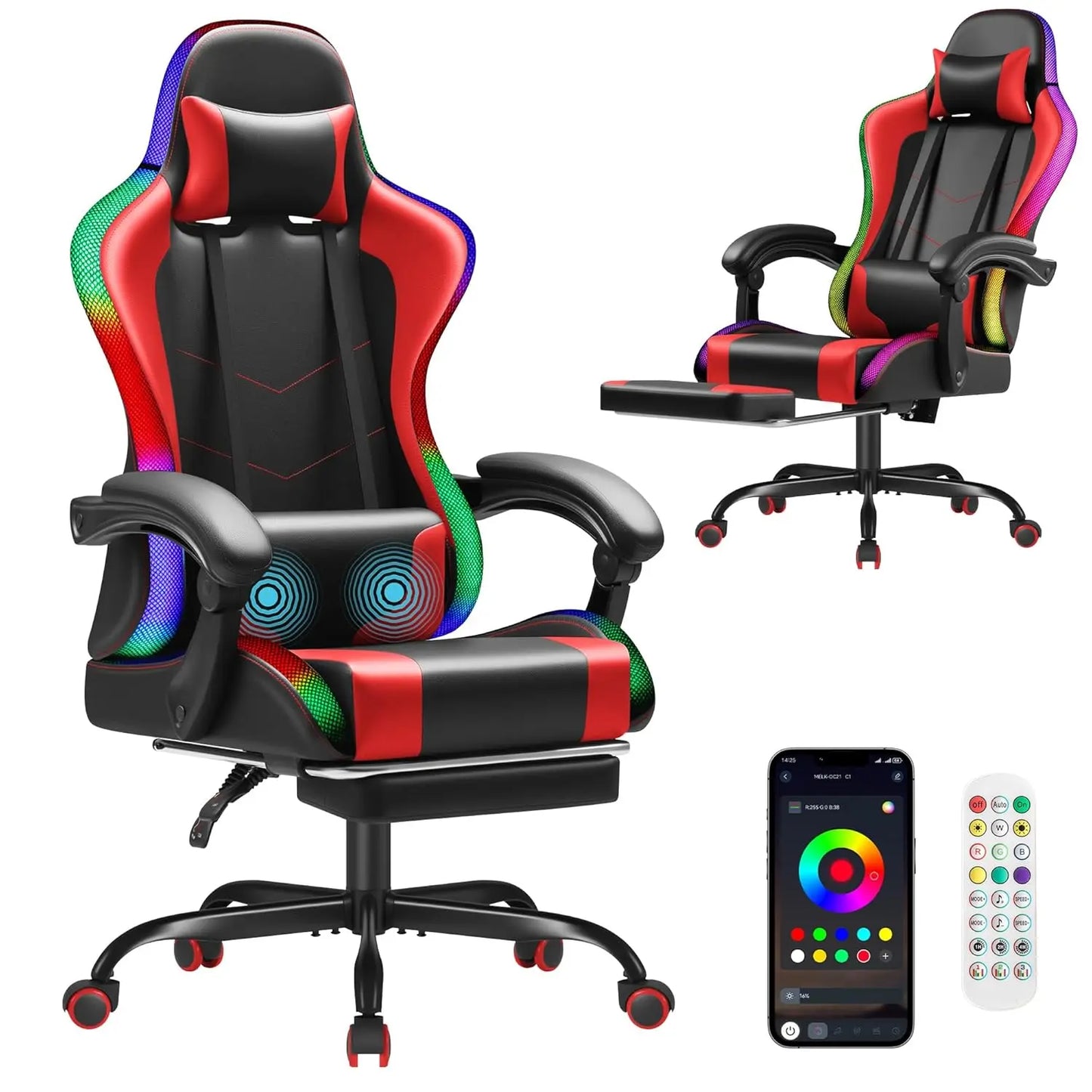 Gaming Chair With Footrest Height Adjustable And Massage Lumbar Support