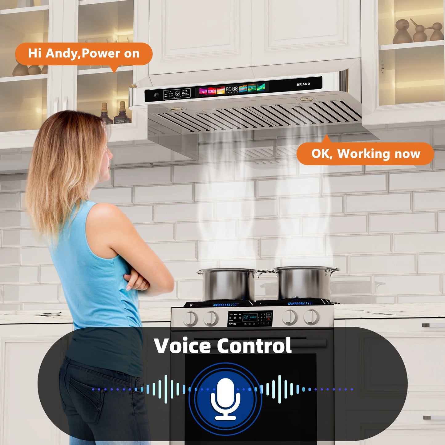 BRANO Under Cabinet Range Hood 900 CFM Voice Gesture Touch Control 4 Speed