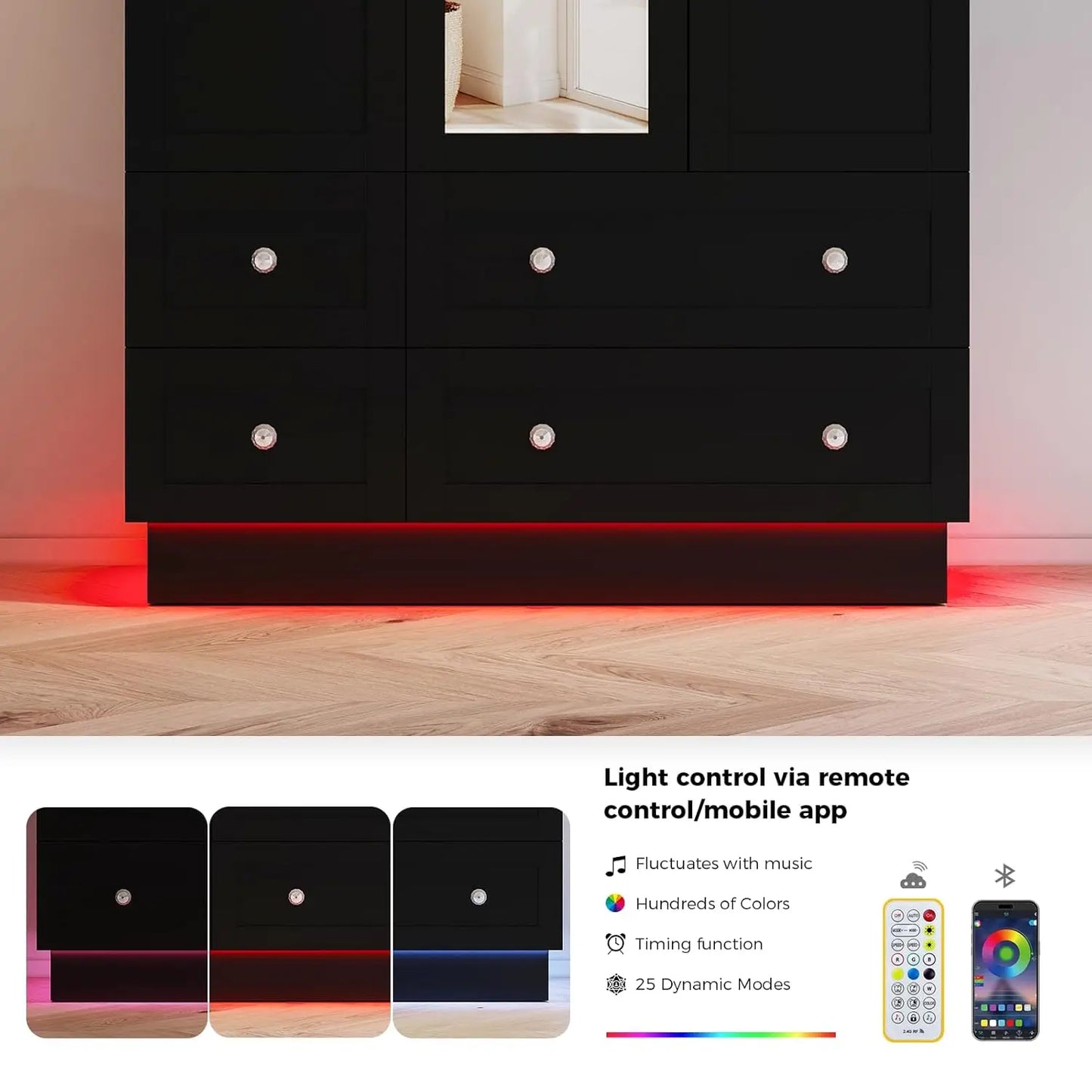 Wardrobe Closet With 3 Doors 4 Drawers Mirror Armoire LED