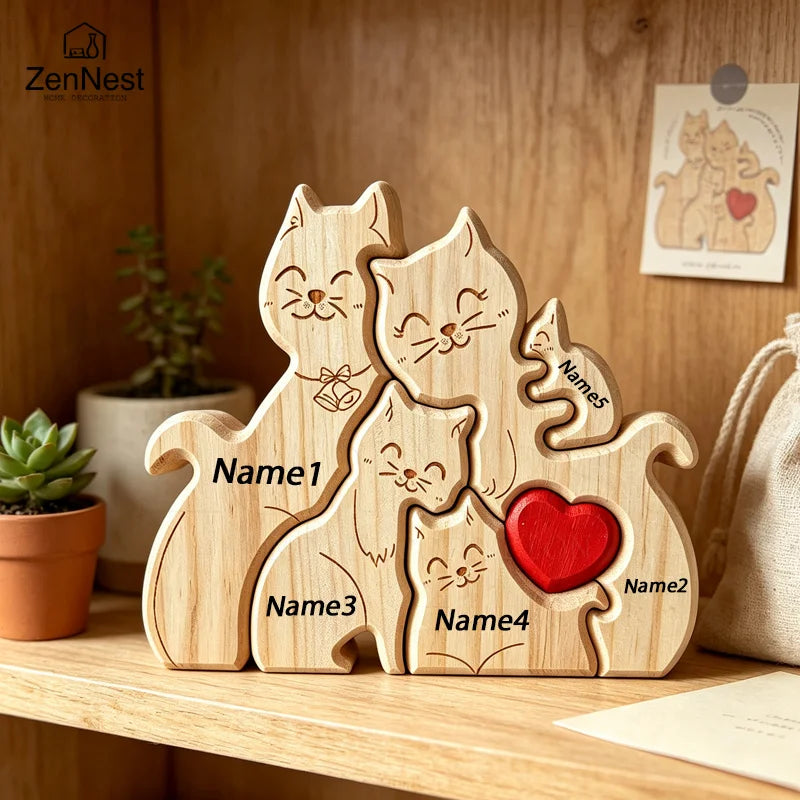 Natural Solid Wood Cat Family Jigsaw Ornament Heart Design Desktop Decor Custom Name Engraving Warm Family Memorial Present