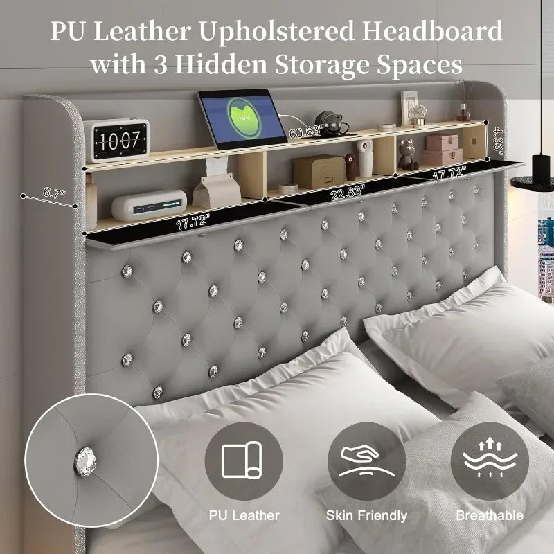 LED Platform Bed Frame With Galaxy Aurora Star Projector And Charging Station