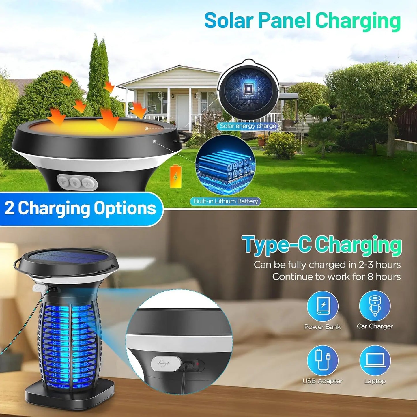 Solar Bug Zapper Outdoor Waterproof Mosquito Killer Portable And Rechargeable LED
