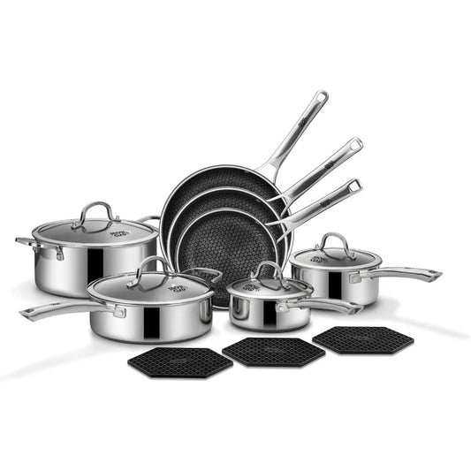 Nonstick 14 Piece Pots And Pans Set Hybrid Stainless Steel Cookware