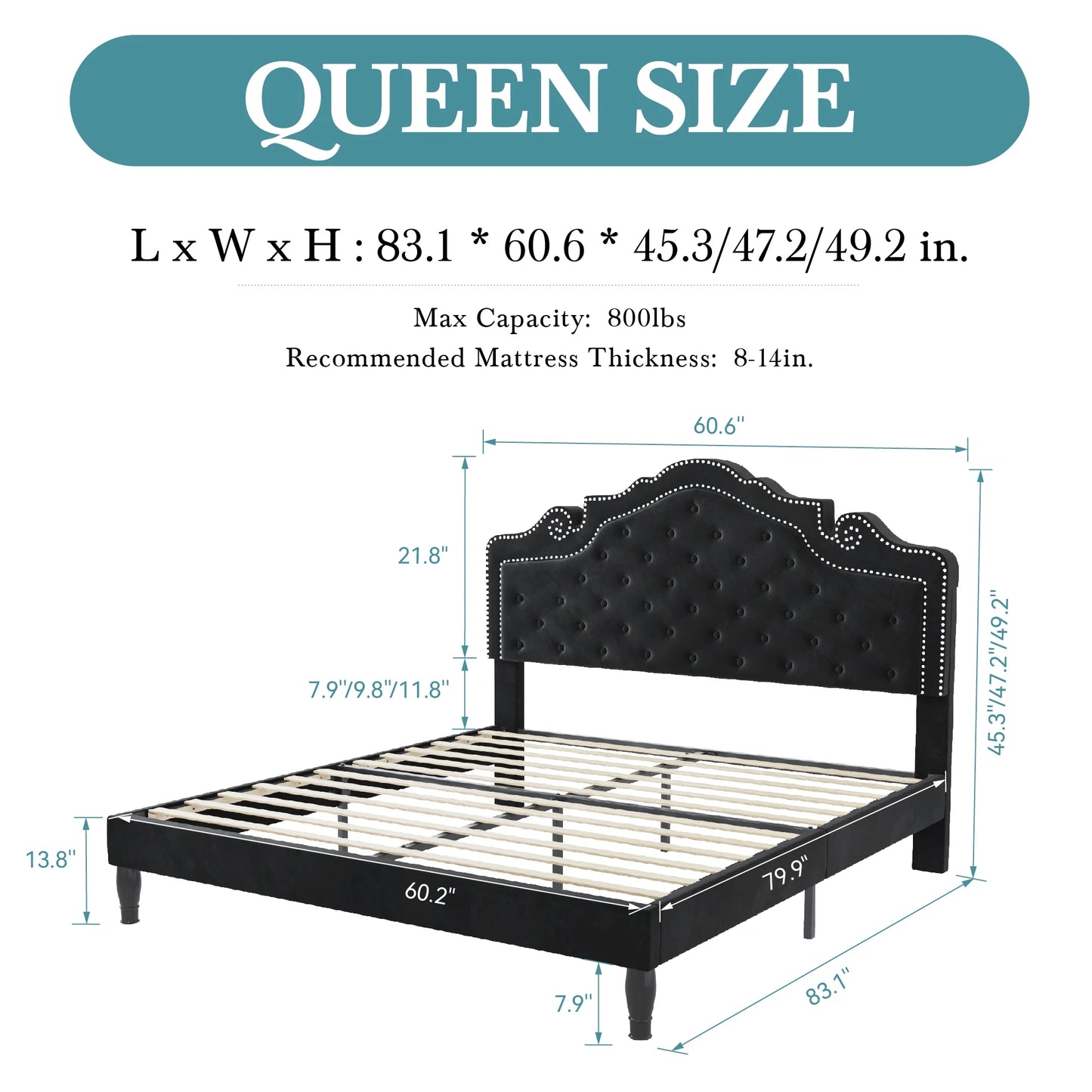 HOOMIC Velvet Platform Bed Frame With Adjustable Tiara Headboard Tufted