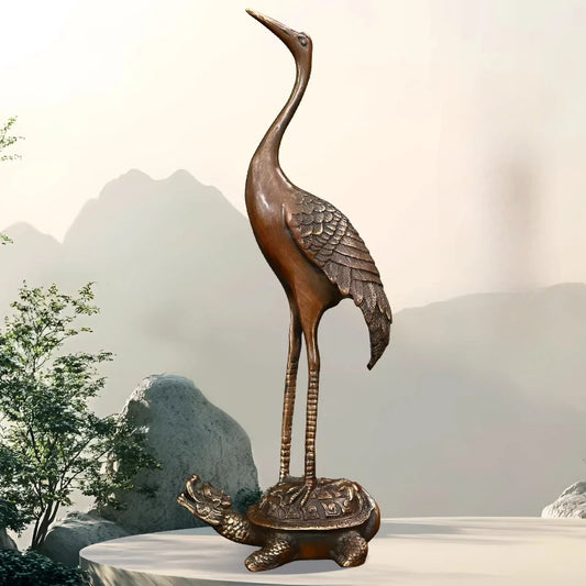 Copper Turtle And Crane Longevity Figurine Home Decor Gift