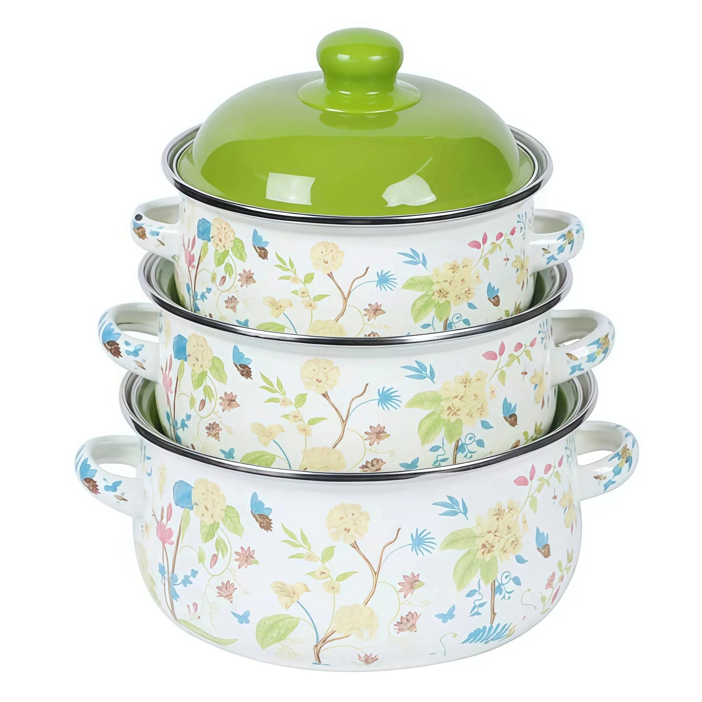 Three Piece Vintage Enamel Stock Pot Set With Lid Induction