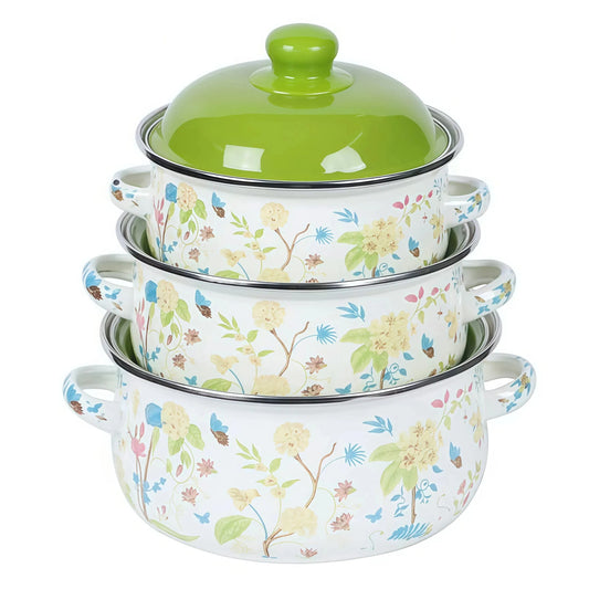 Three Piece Vintage Enamel Stock Pot Set With Lid Induction