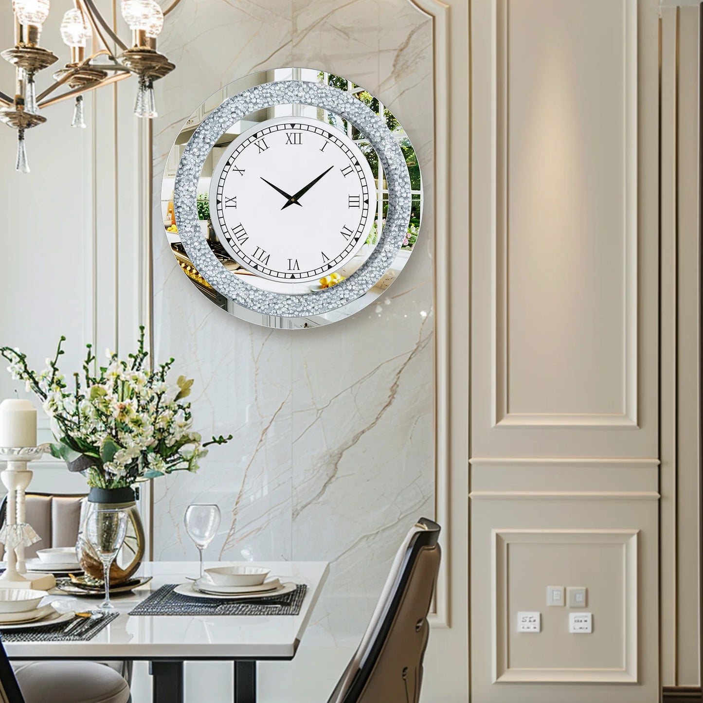 Round Mirror Wall Clock With Crystal Sparkle Finish Living Room