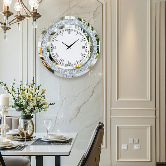 Round Mirror Wall Clock With Crystal Sparkle Finish Living Room