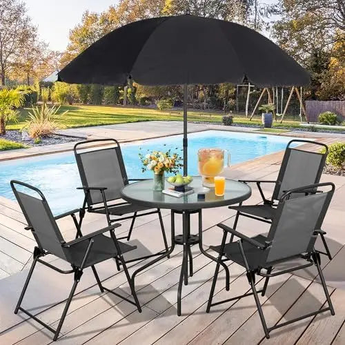6 Piece Folding Patio Dining Set With Chairs And Umbrella