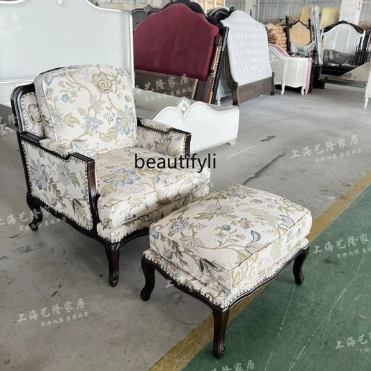 LJYAmerican-Style Solid Wood Sofa Living Room Single Sofa Retro Distressed French Entry Lux High Back