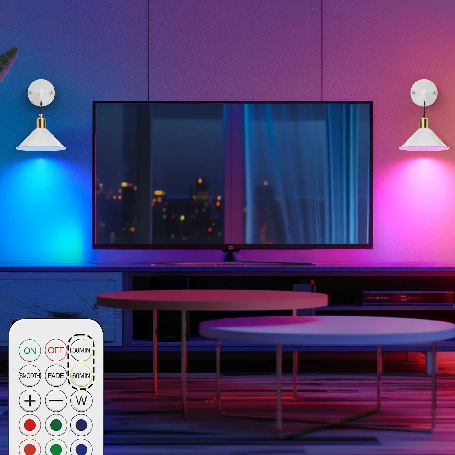 PRTILOUD Battery Operated Wall Sconces 2 Pack Remote Dimmable Warm RGB
