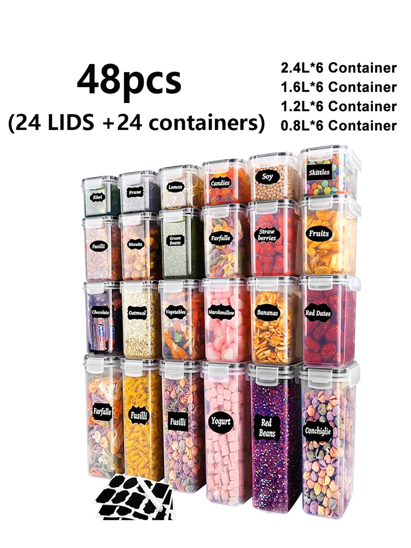 48 Count Sealed Plastic Food Storage Containers With Lids For Pantry Labeled