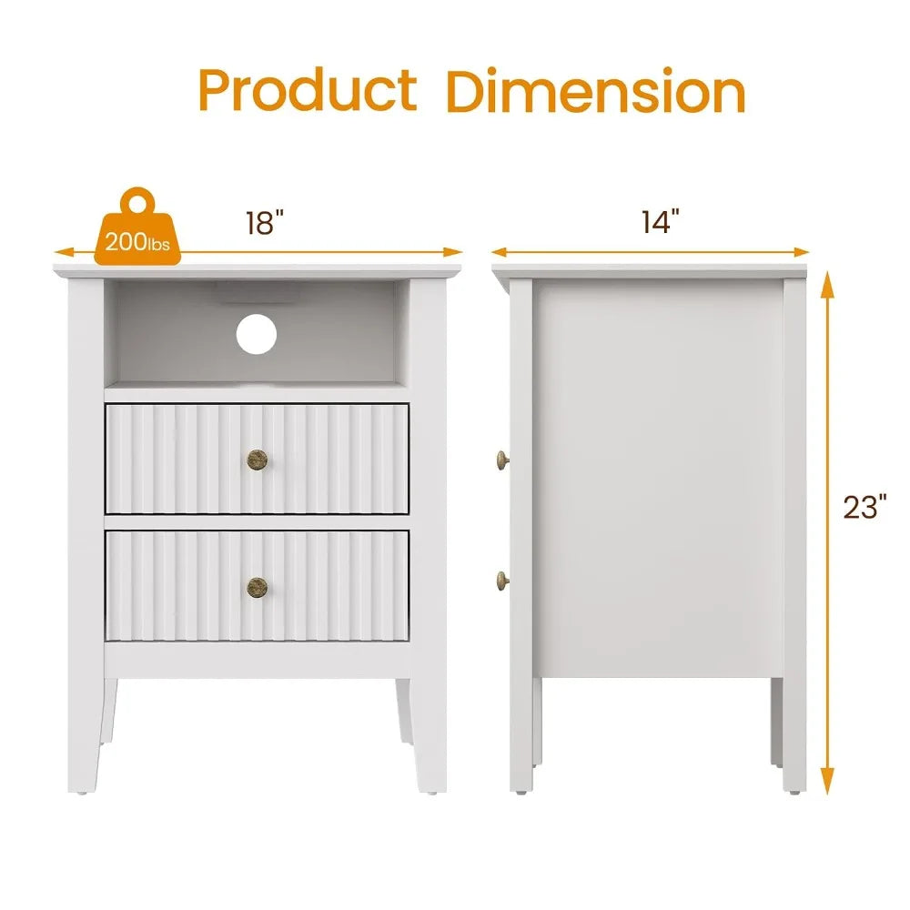 Fluted Nightstand Set Of 2 With Charging Station And Storage Shelf