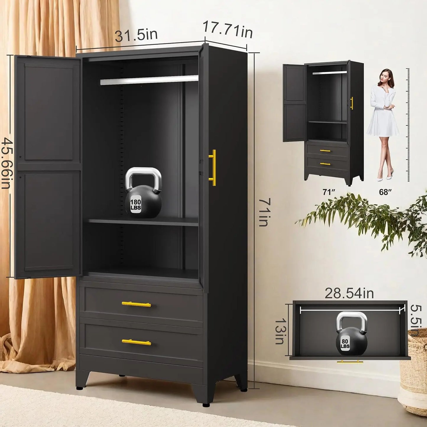 Steel Armoire Wardrobe Closet Metal Storage Cabinet With Two Doors