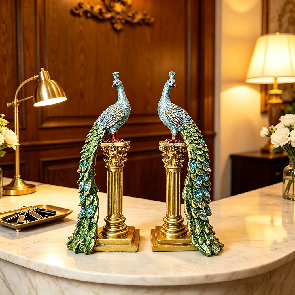 Peacock Couple Resin Statue With Gold Column Home Decor Figurine
