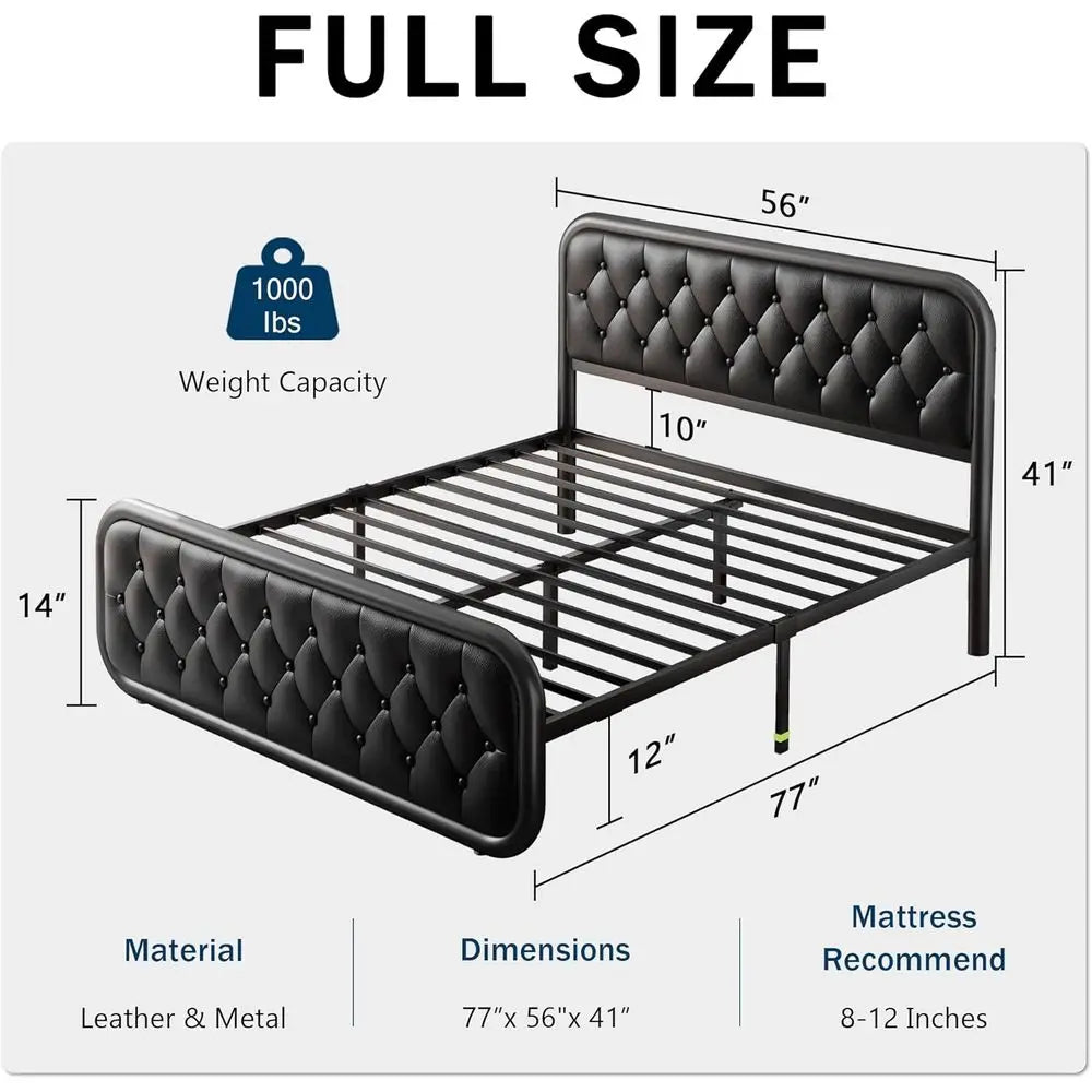 GalnFu Full Metal Bed Frame, Upholstered Bed with Leather Button-Tufted Headboard & Footboard, Heavy-Duty U-Shape Platform Bed,