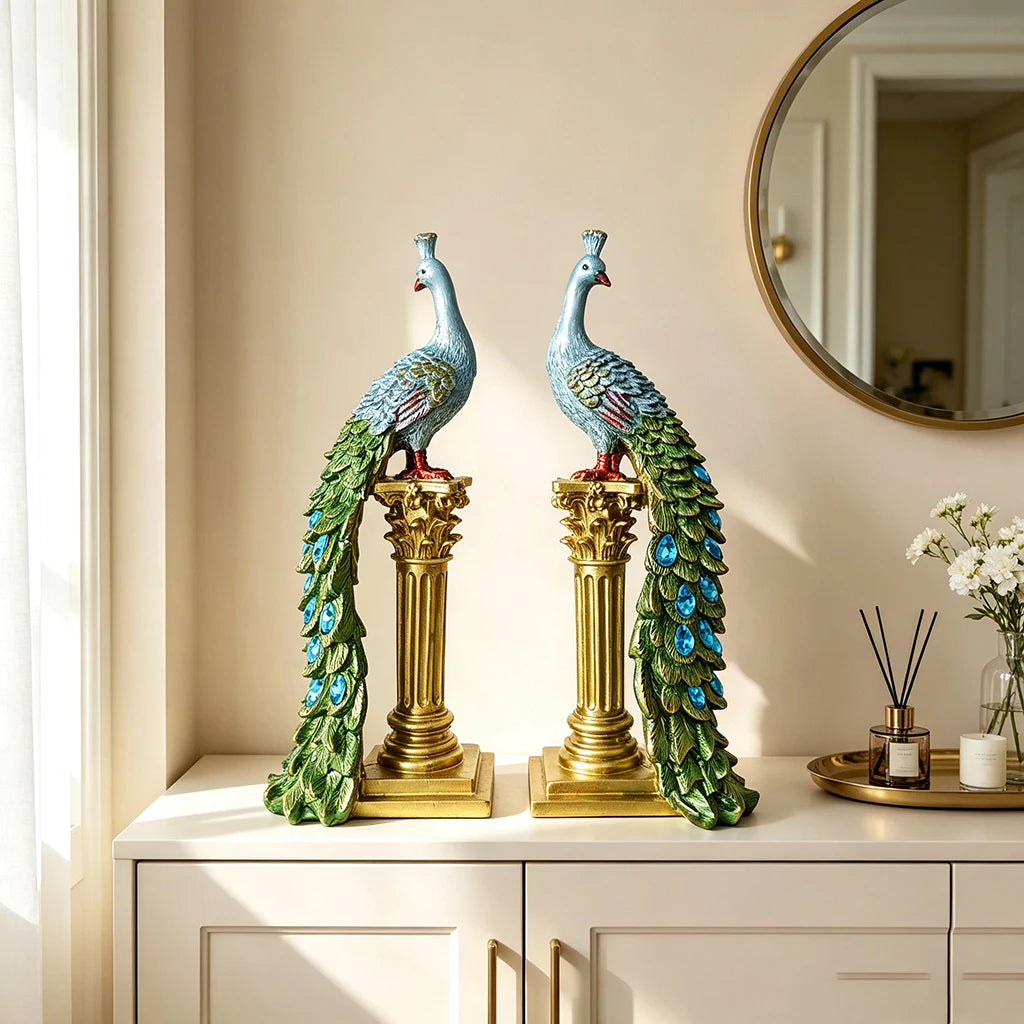Peacock Couple Resin Statue With Gold Column Home Decor Figurine
