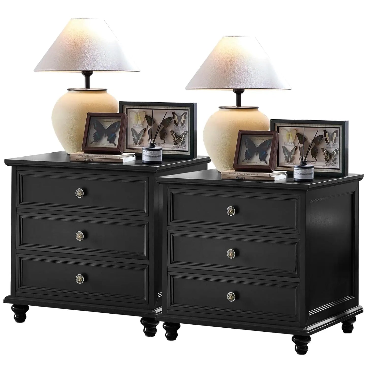 Farmhouse Wood Nightstands Set Of 2 With 3 Drawers Metal Handles