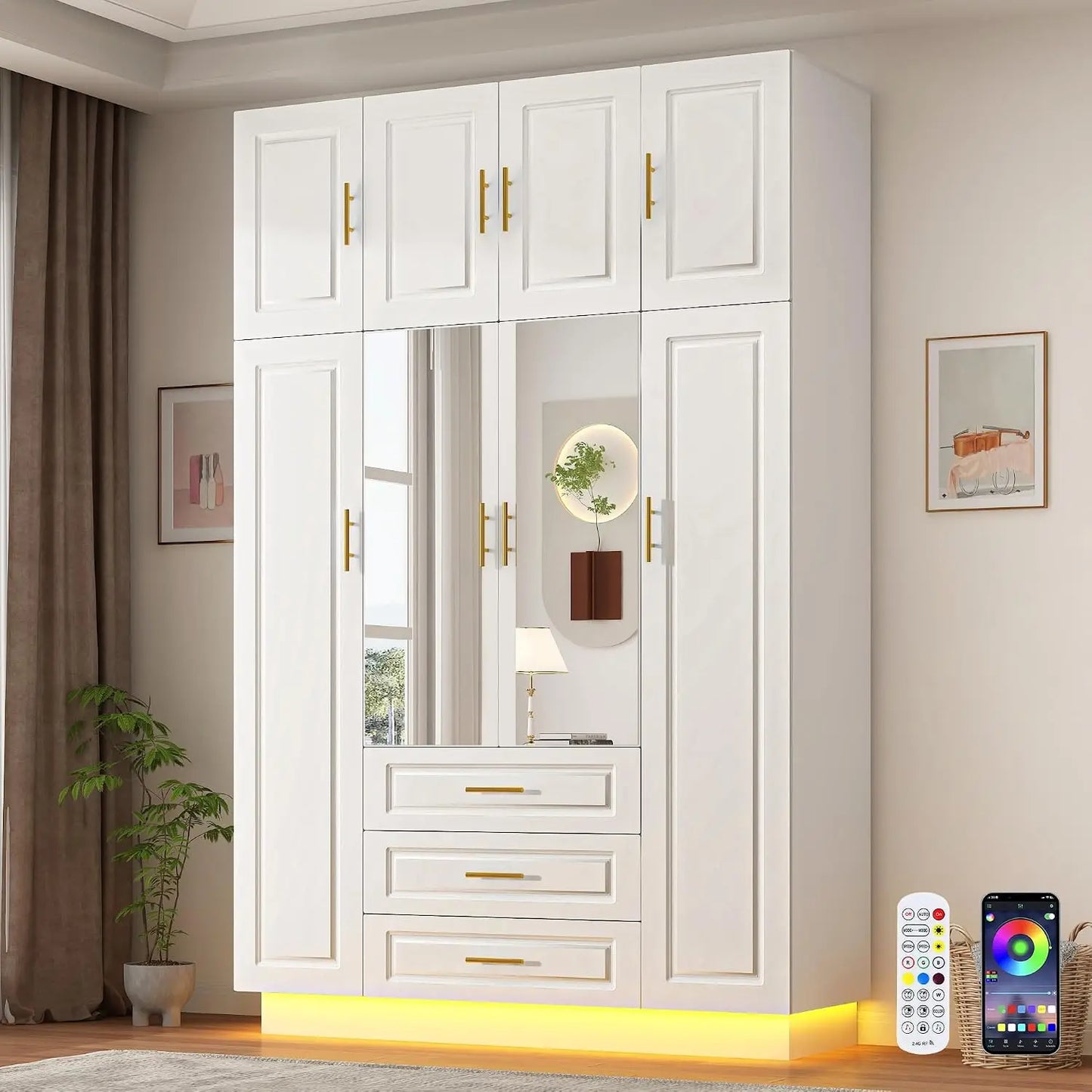 Armoire Wardrobe Closet Cabinet With Drawers Led Lights Large Capacity