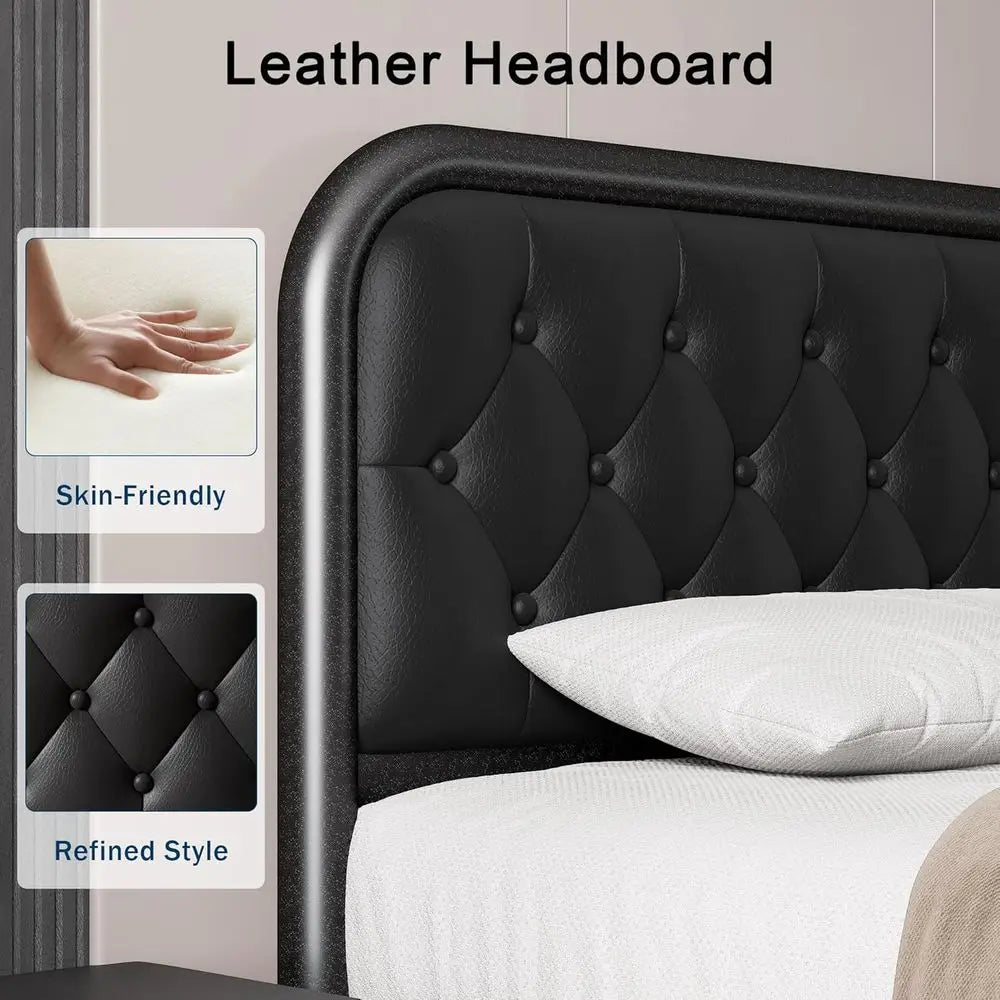 GalnFu Full Metal Bed Frame, Upholstered Bed with Leather Button-Tufted Headboard & Footboard, Heavy-Duty U-Shape Platform Bed,