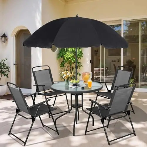 6 Piece Folding Patio Dining Set With Chairs And Umbrella