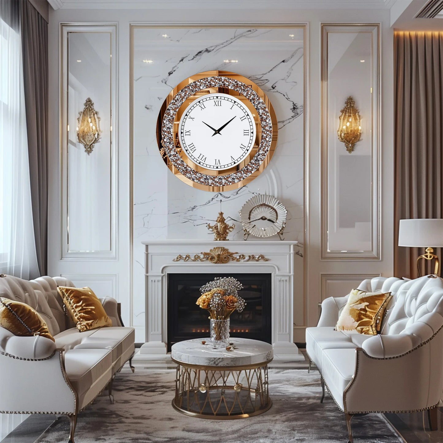 Round Mirror Wall Clock With Crystal Sparkle Finish Living Room