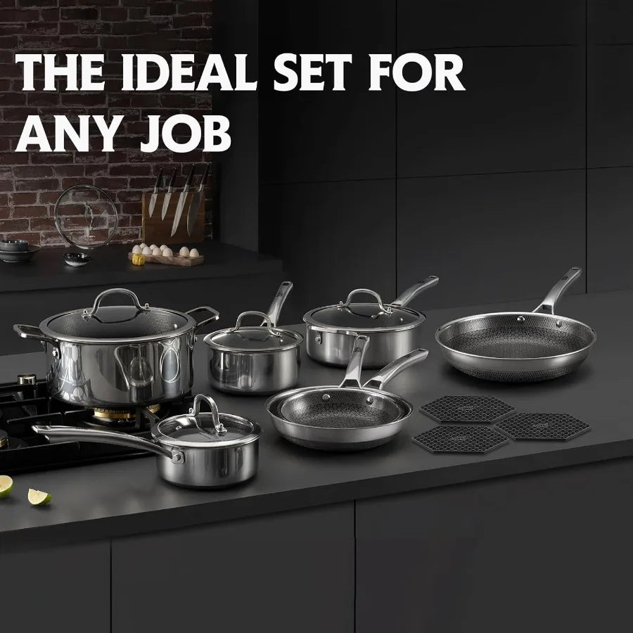 Nonstick 14 Piece Pots And Pans Set Hybrid Stainless Steel Cookware