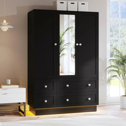 Wardrobe Closet With 3 Doors 4 Drawers Mirror Armoire LED