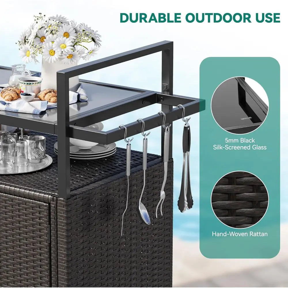 Outdoor Wicker Rolling Kitchen Island With Bar Table Storage