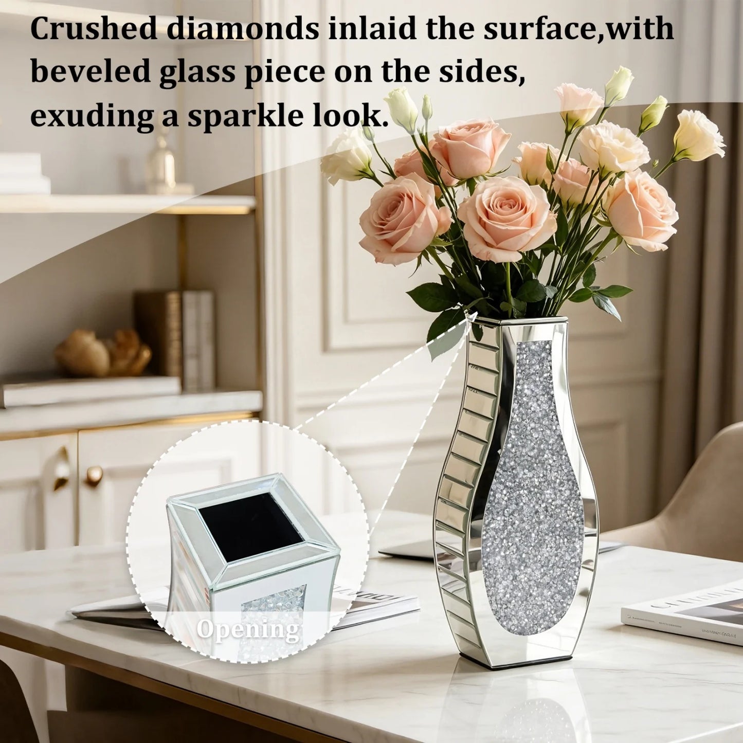 Crushed Diamond Mirror Table Vase Crystal Silver Glass Stunning Decorative Vase for Holding Dried Flowers Can’t Hold Water