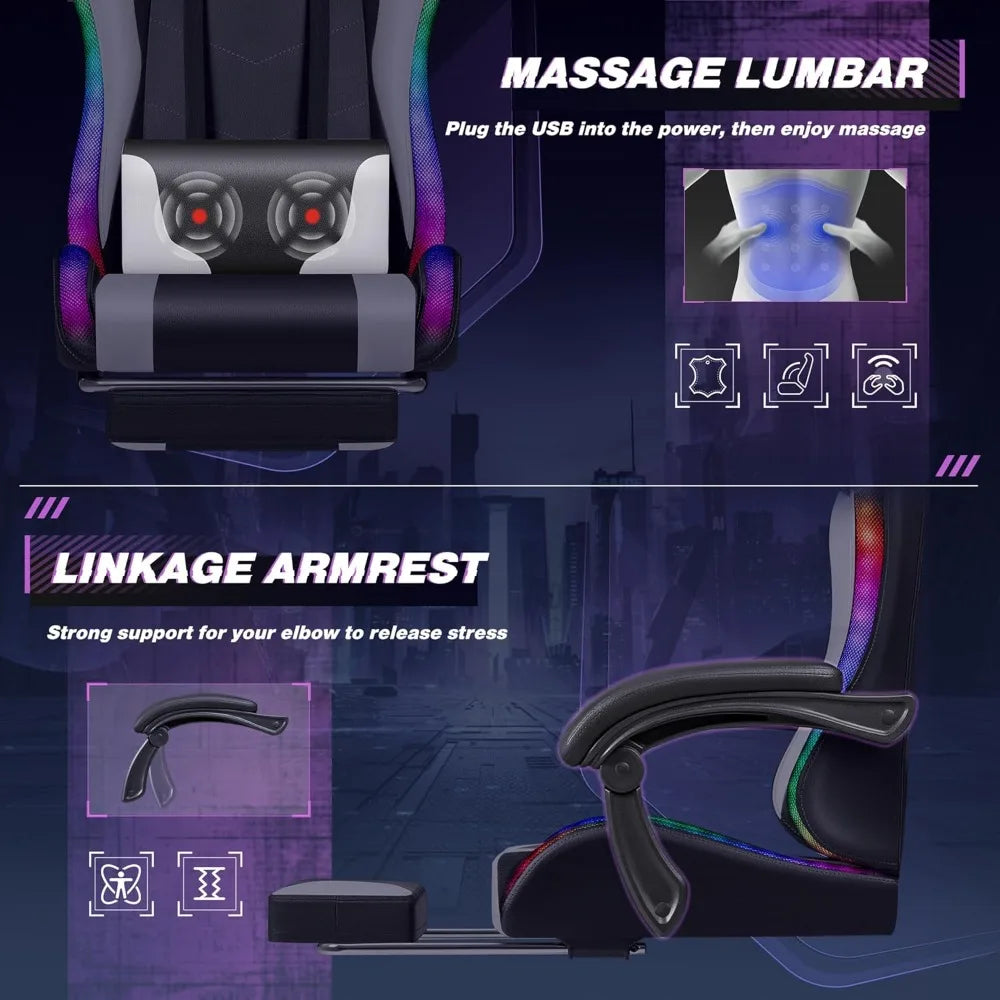 Gaming Chair With Footrest Height Adjustable And Massage Lumbar Support