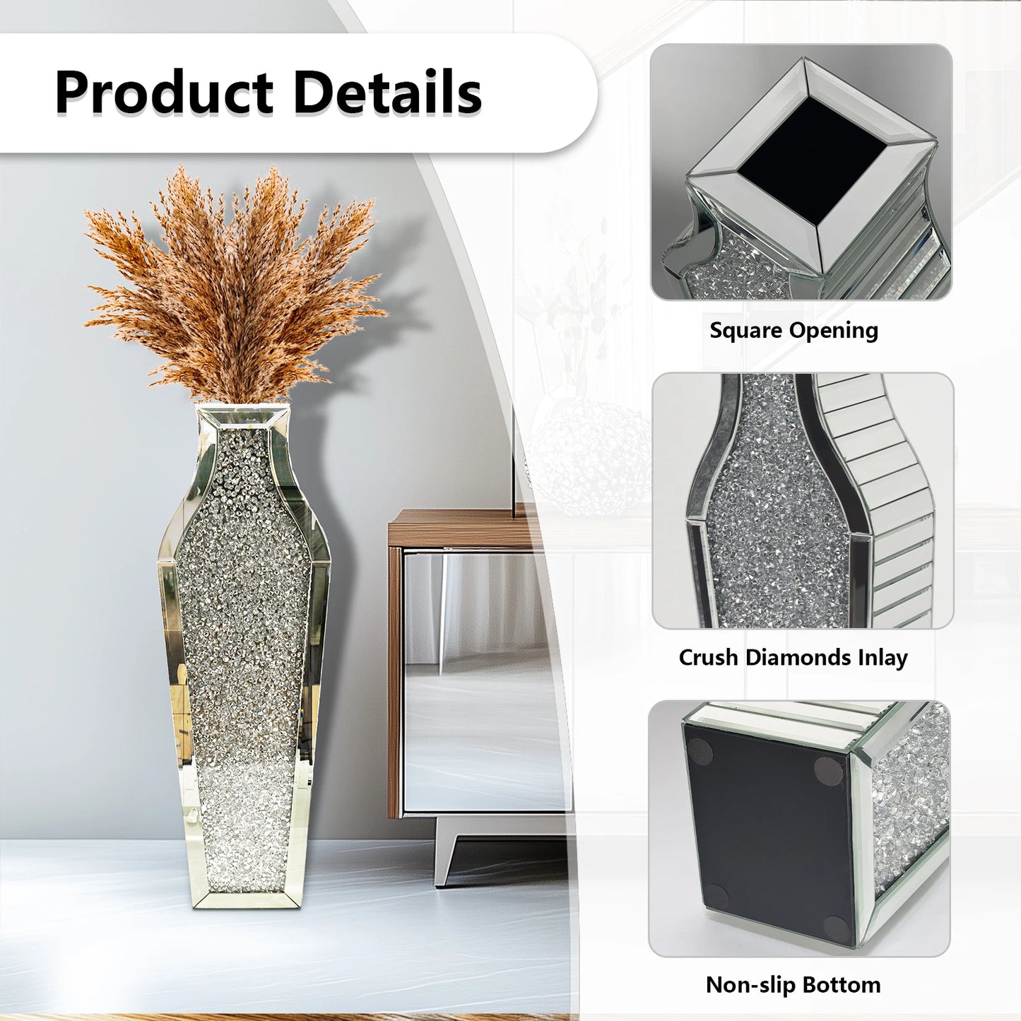Crushed Diamond Mirrored Glass Floor Vase for Home Decor