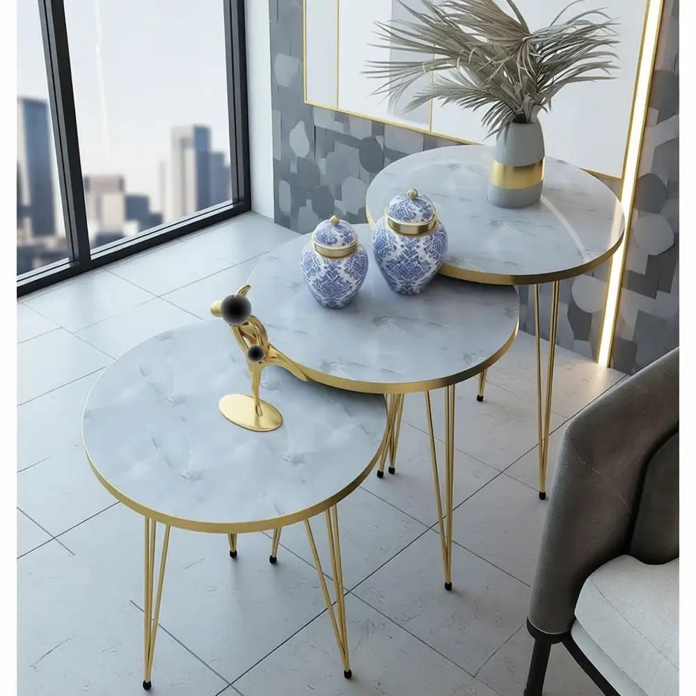 High Gloss White Marble Nesting End Tables with Gold Legs, Suitable for Living Room, Home Office, Nightstands, and Bedroom
