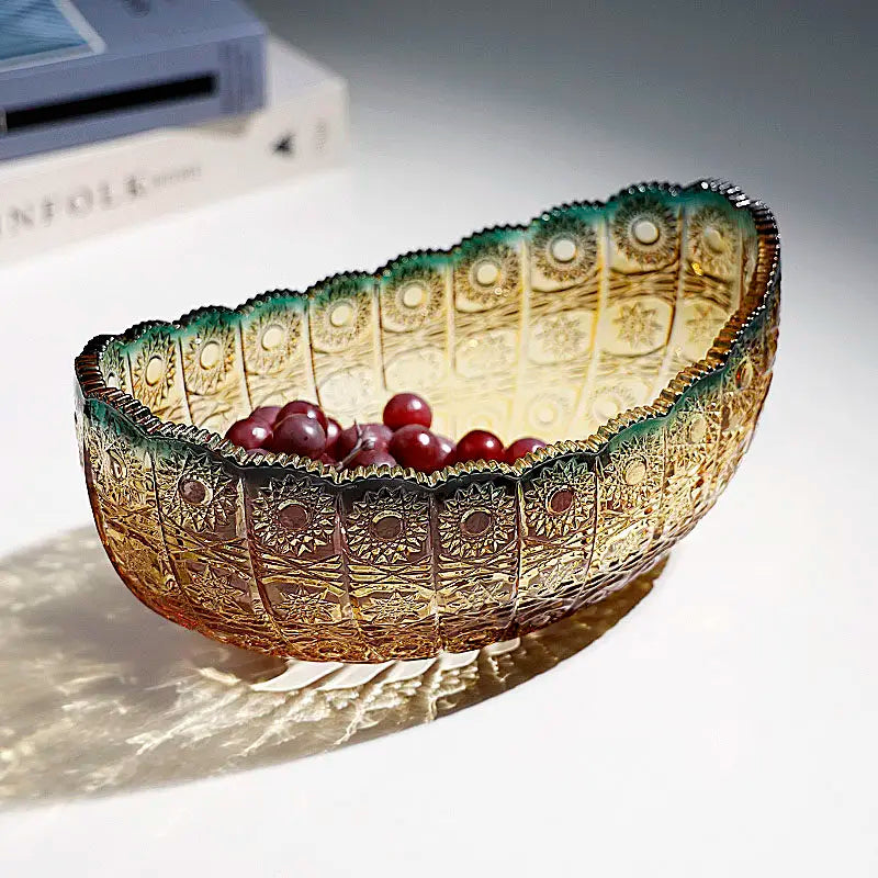 Classical Carved Pattern Moon Shaped Glass Fruit Plate Living Room Home Snack Storage Tray Home Decoration Supplies