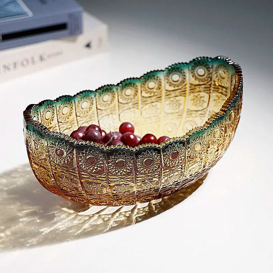 Classical Carved Pattern Moon Shaped Glass Fruit Plate Living Room Home Snack Storage Tray Home Decoration Supplies