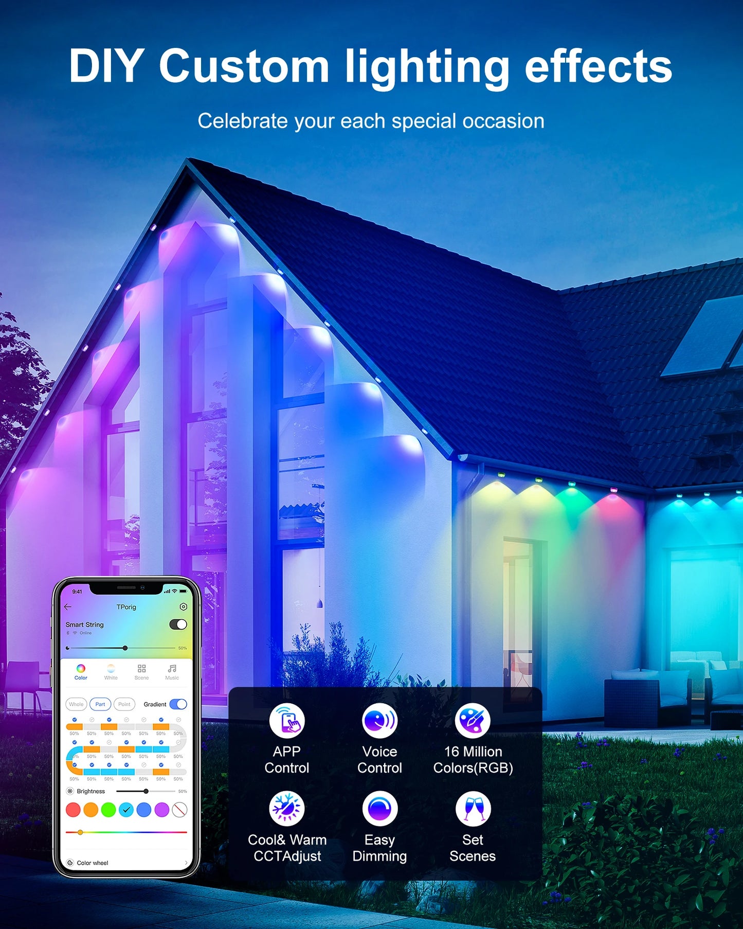 Aiopp RGBIC Permanent Outdoor Lights IP67 Waterproof 100 Scene Modes