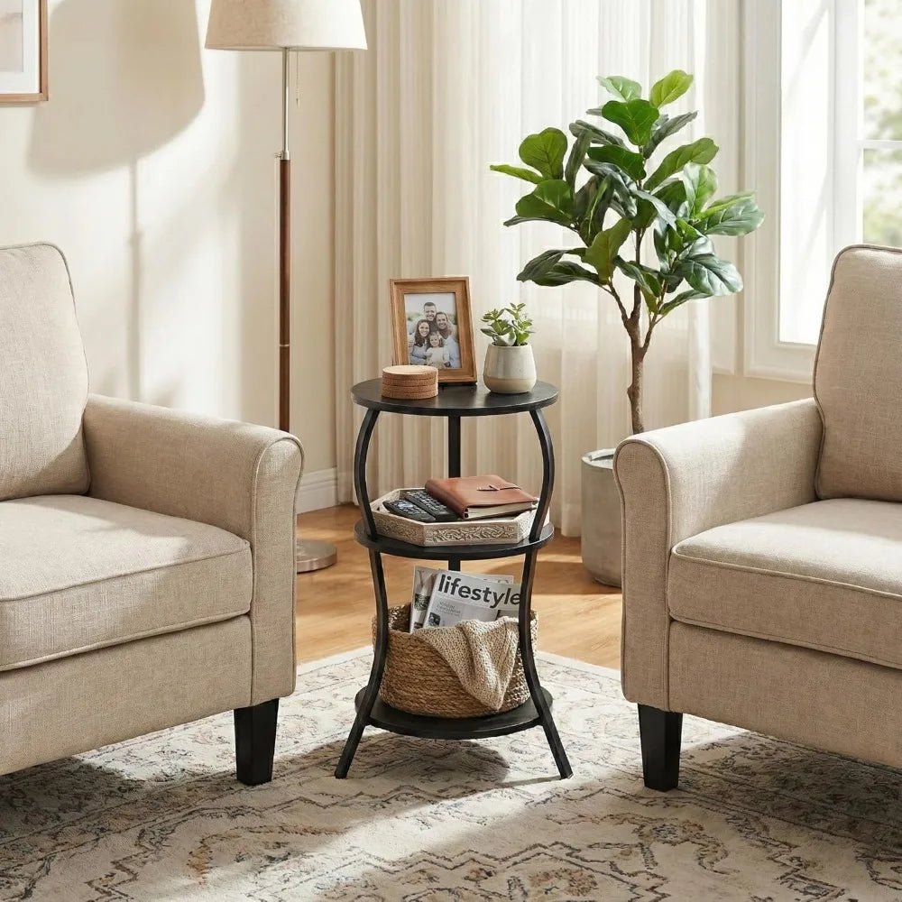 NBVCX Small Round 3 Tier Side Table With Storage Shelf