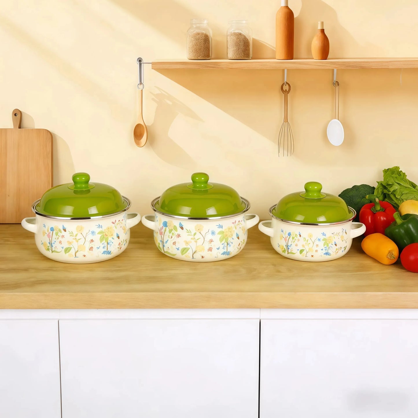 Three Piece Vintage Enamel Stock Pot Set With Lid Induction